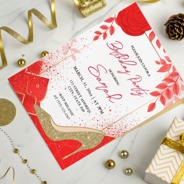 chic glam red gold glitter birthday party  invitation (Creator Uploaded)
