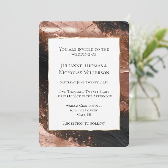 Chic Glam Rose Gold Black Abstract Wedding Invitation (Standing Front)