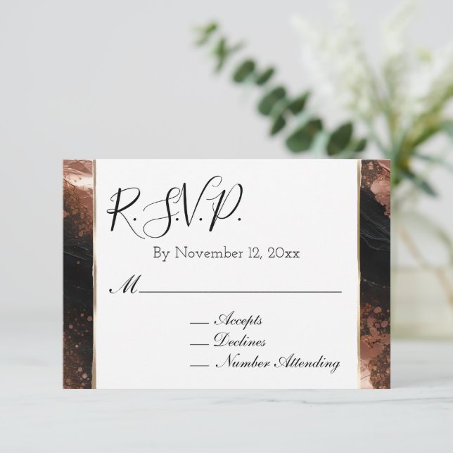 Chic Glam Rose Gold Black Wedding RSVP Enclosure Card (Standing Front)