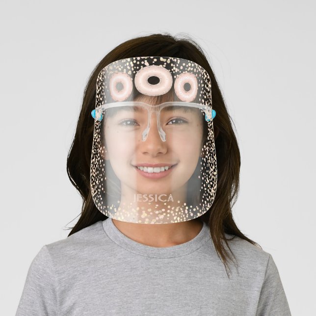 Chic glam rose gold glitter doughnuts modern girly face shield (Insitu)