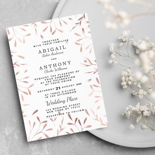 Chic Glam Rose Gold Simple White Floral Wedding Invitation