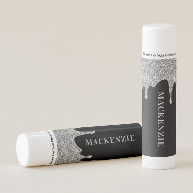 Chic Glam Silver Dripping Glitter on Black Lip Balm (Front)