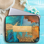 Chic glam watercolor marble gold turquoise orange laptop sleeve<br><div class="desc">A sparkly, faux gold foil band with your script typography name overlays a rich, gold veined, turquoise blue, and yellow orange watercolor background on this elegant, trendy, girly, custom name neoprene laptop sleeve. Makes a fun and stylish statement every time you use it. This laptop sleeve comes in three sizes:...</div>