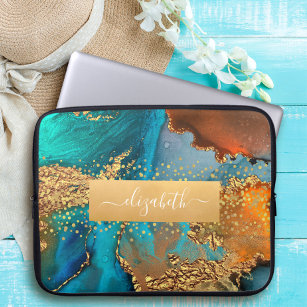Chic glam watercolor marble gold turquoise orange laptop sleeve