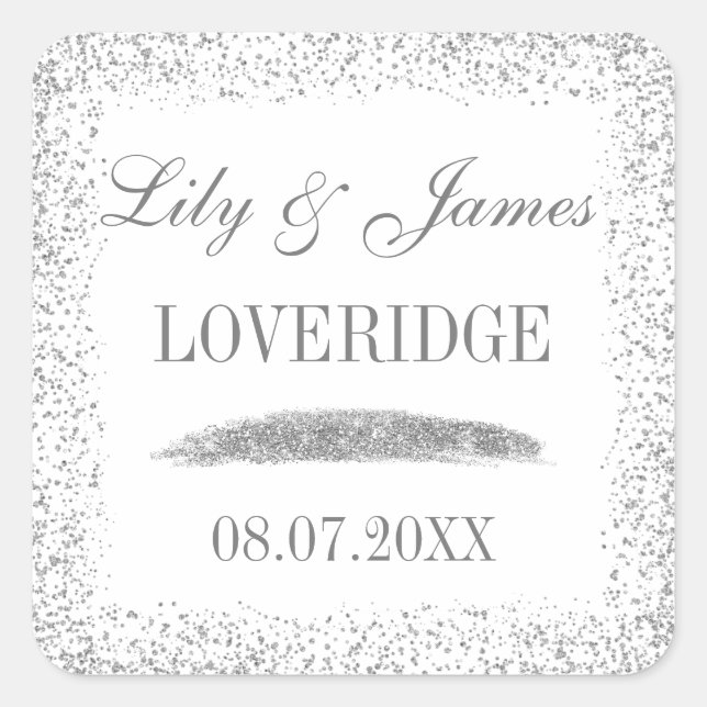 Chic Glam White & Gray Silver Glitter Wedding Square Sticker (Front)