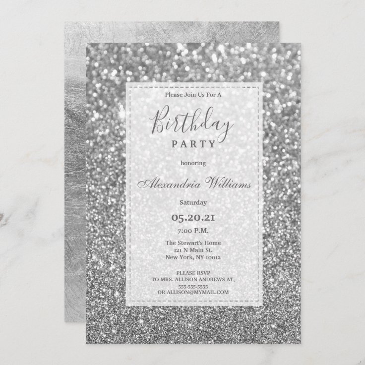 Chic glamorous silver glitter Birthday Party Invitation | Zazzle