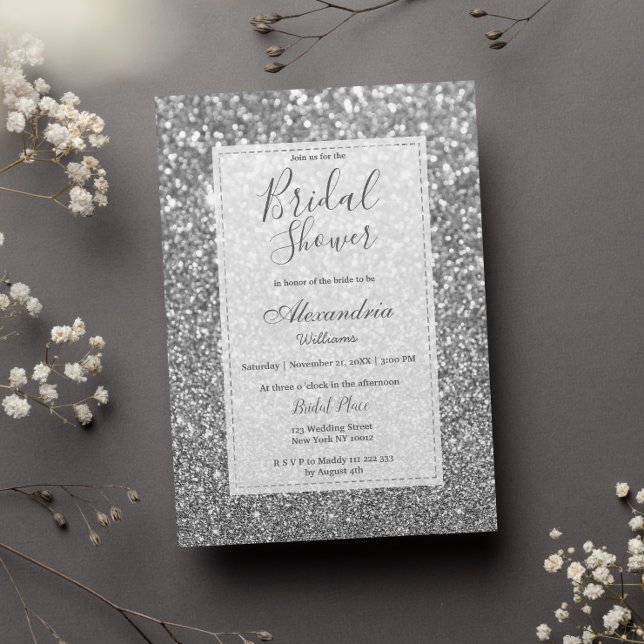 Chic glamorous trendy silver glitter Bridal Shower Invitation