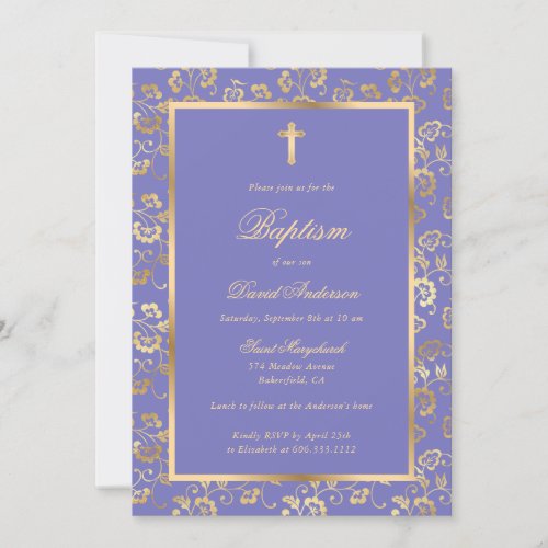 Chic Glaucous Gold Script Floral Boy Baptism Invitation