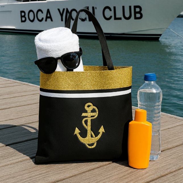Chic Glitter and Gold Nautical Anchor on Black Tote Bag (add glam bag to your cruising or day on the water )