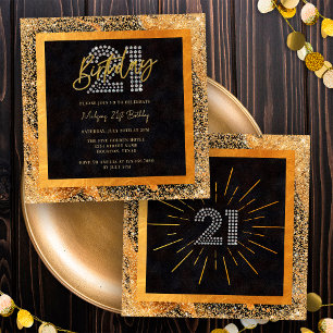 Chic Glitter Black and Gold 21st Birthday Party Invitation