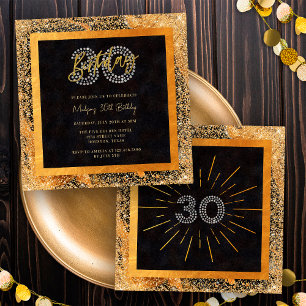 Chic Glitter Black and Gold 30th Birthday Party Invitation