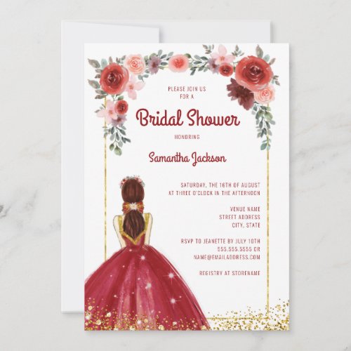 Chic Glitter Burgundy Dress Floral Bridal Shower Invitation