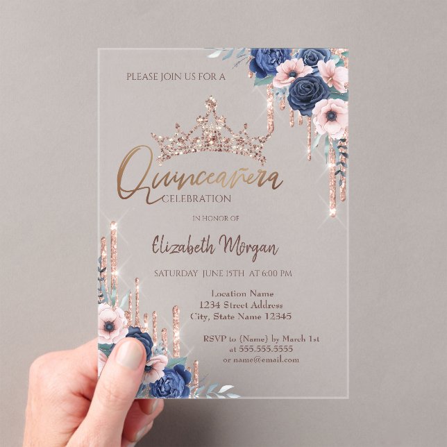 Chic Glitter Crown Drop,Blue Roses Quinceañera   Acrylic Invitations (Insitu (Handheld))