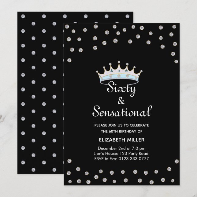 Chic Glitter Diamond Crown on Black 60th Birthday Invitation (Front/Back)