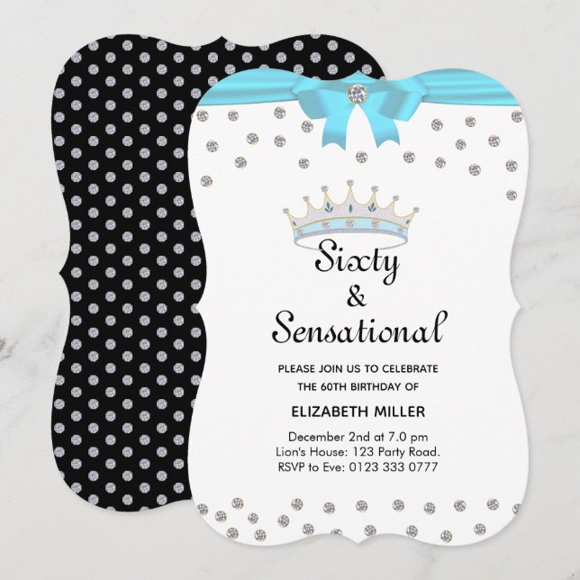 Chic Glitter Diamond Crown Sixty & Sensational Invitation (Front/Back)