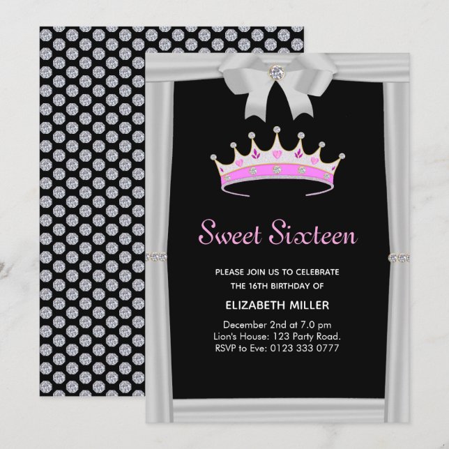 Chic Glitter Diamond Crown Sweet Sixteen Invitation (Front/Back)