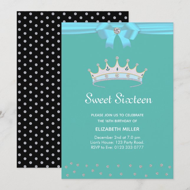 Chic Glitter Diamond Sweet Sixteen on Teal Invitation (Front/Back)
