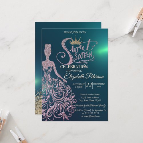 Chic Glitter DressTiara Diamonds Green Sweet 16  Invitation