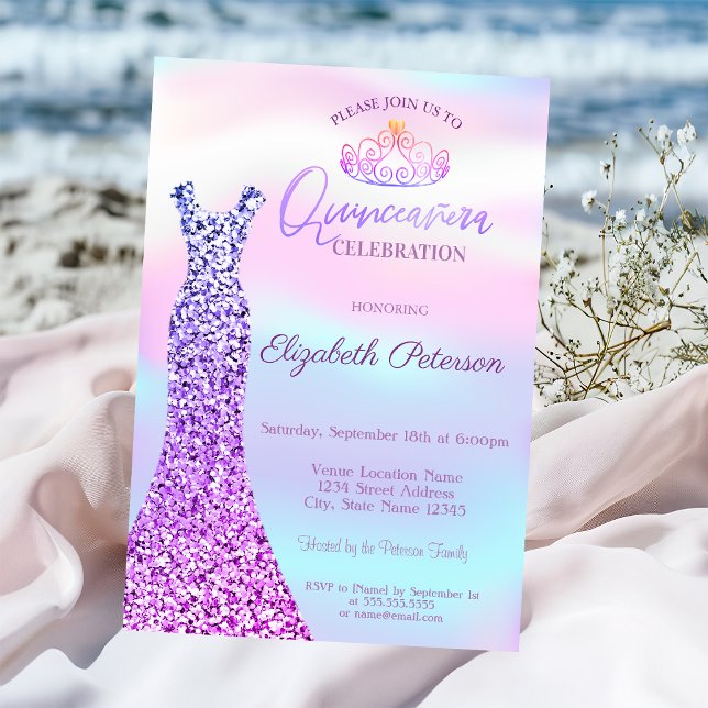 Chic Glitter Dress,Tiara Holographic Quinceañera Invitation (Creator Uploaded)