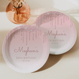Chic Glitter Drip 30th Birthday Party Pink Paper Plates