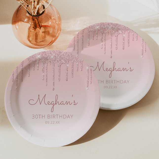 Chic Glitter Drip 30th Birthday Party Pink Paper Plates (Creator Uploaded)