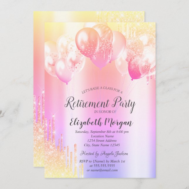 Chic Glitter Drip Balloons Ombre Retirement  Invitation (Front/Back)