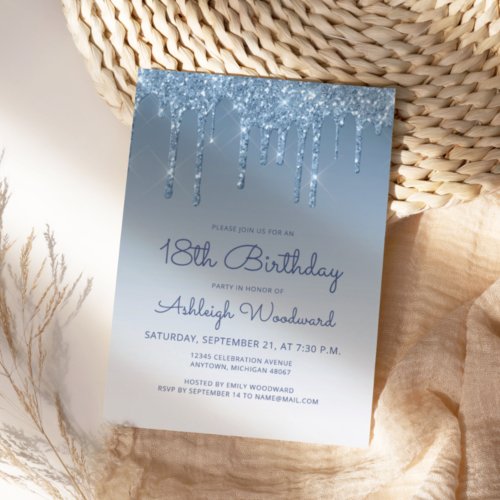 Chic Glitter Drip Blue 18th Birthday Invitation