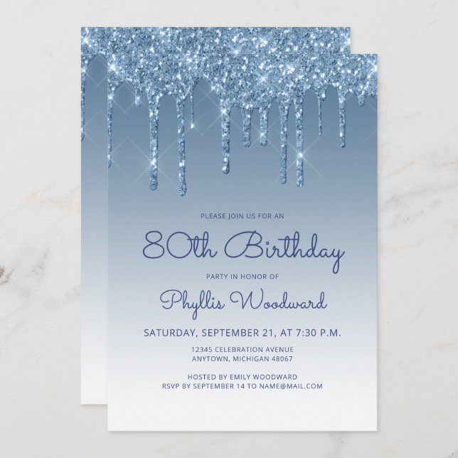 Chic Glitter Drip Blue 80th Birthday Invitation (Front/Back)