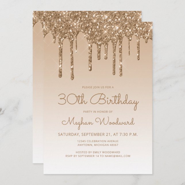 Chic Glitter Drip Gold 30th Birthday Party Invitation (Front/Back)