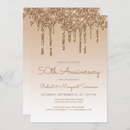 Chic Glitter Drip Gold 50th Anniversary Party Invitation
