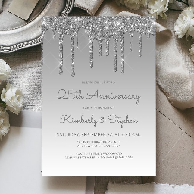 Chic Glitter Drip Silver 25th Anniversary Party Invitation (Creator Uploaded)