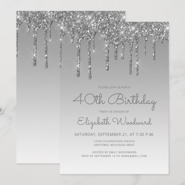 Chic Glitter Drip Silver 40th Birthday Invitation (Front/Back)