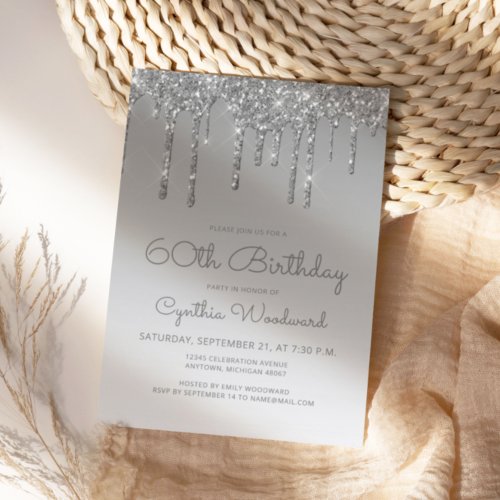Chic Glitter Drip Silver 60th Birthday Invitation