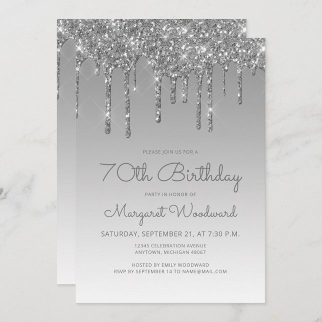 Chic Glitter Drip Silver 70th Birthday Invitation (Front/Back)