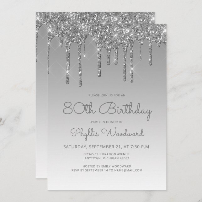 Chic Glitter Drip Silver 80th Birthday Invitation (Front/Back)