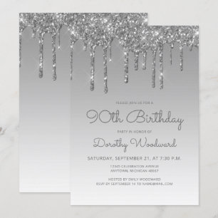 Chic Glitter Drip Silver 90th Birthday Invitation