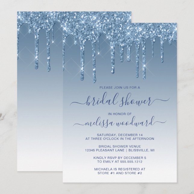 Chic Glitter Drips Blue Ombre Bridal Shower Invitation (Front/Back)