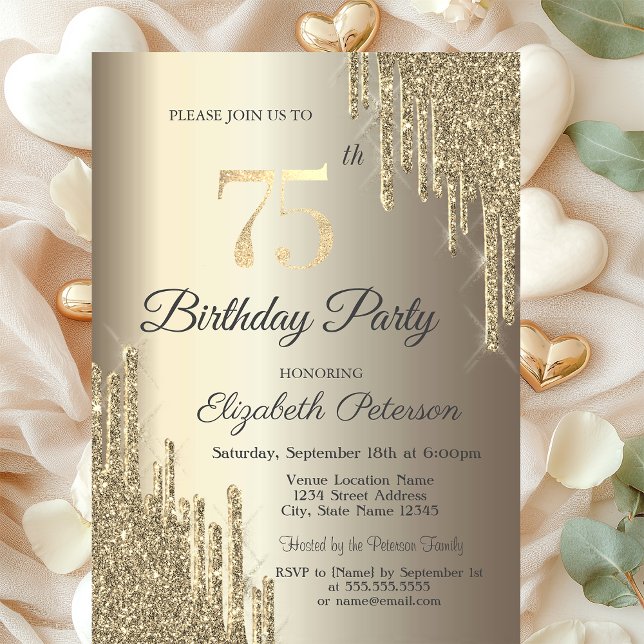 Chic Glitter Drips Champagne 75th Birthday   Invitation (Creator Uploaded)