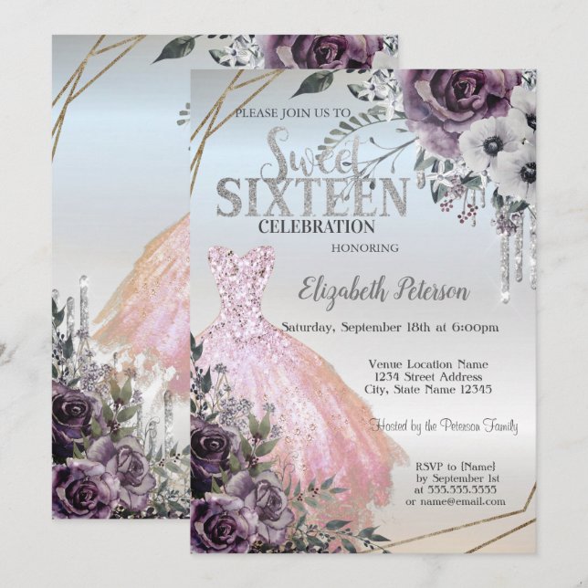 Chic Glitter Drips,Dress Flowers  Sweet 16  Invitation (Front/Back)