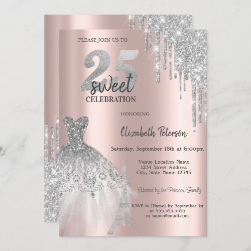 Chic Glitter Drips Eiffel Tower Dress Sweet 25 Invitation