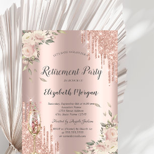 Chic Glitter Drips,Flowers Rose Gold Retirement Invitation