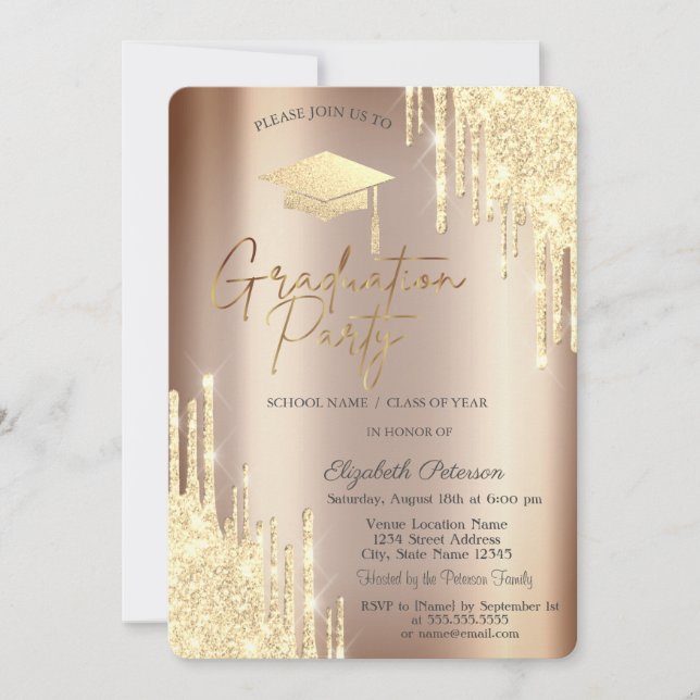 Chic Glitter Drips,Grad Cap Graduation  Invitation (Front)