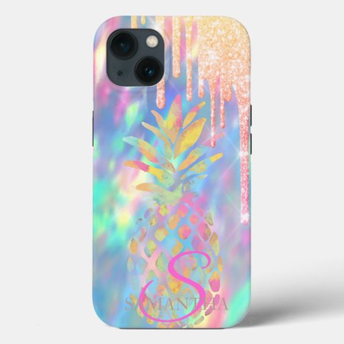 Chic Glitter Drips Pineapple Holographic iPhone 13 Case