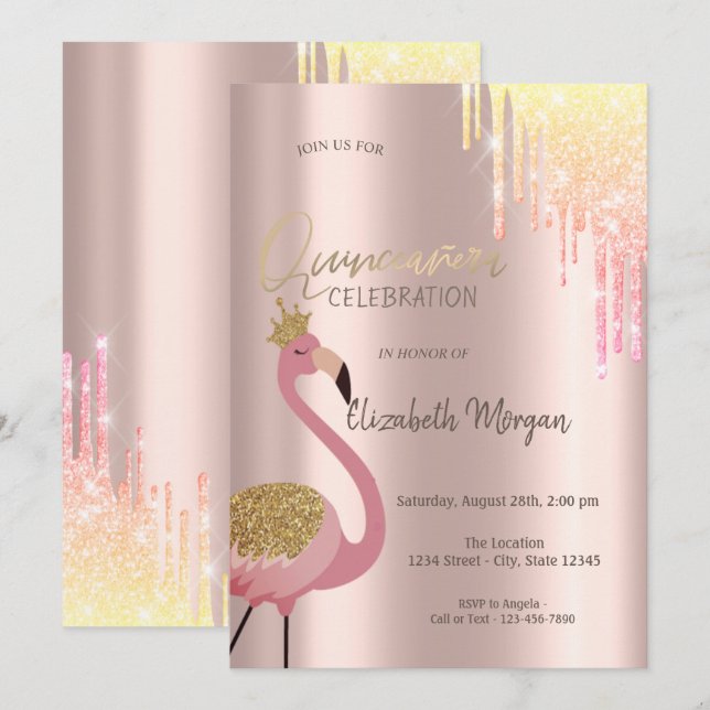 Chic Glitter Drips Pink Flamingo Quinceañera Invitation (Front/Back)