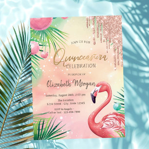 Chic Glitter Drips Pink Flamingos Quinceañera Invitation