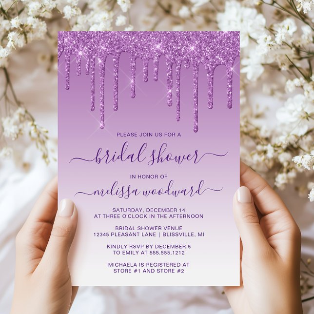 Chic Glitter Drips Purple Ombre Bridal Shower Invitation (Creator Uploaded)
