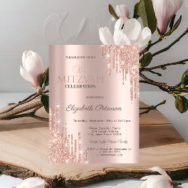 Chic Glitter Drips Rose Gold Bat Mitzvah Invitation