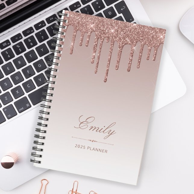 Chic Glitter Drips Rose Gold Personalized 2025 Planner (Creator Uploaded)