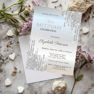 Chic Glitter Drips Silver Bat Mitzvah Invitation