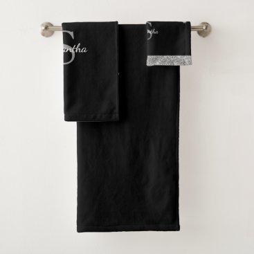 Chic Glitter Drips Sparkle Silver Black Monogram Bath Towel Set